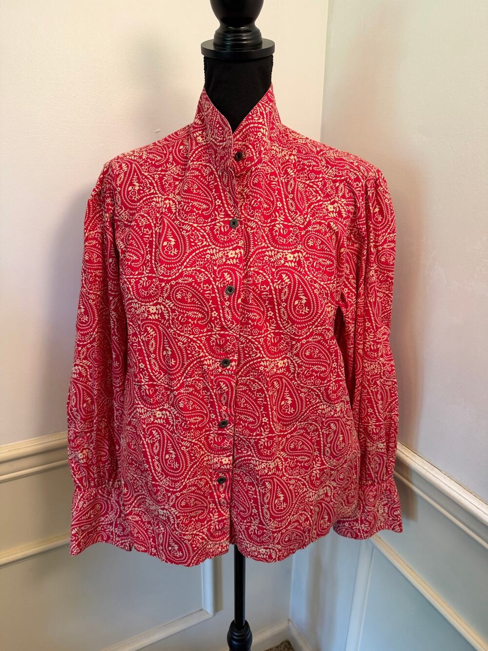 Scully Western Tomato Red & Cream Paisley Floral Button Down Blouse Top Collar